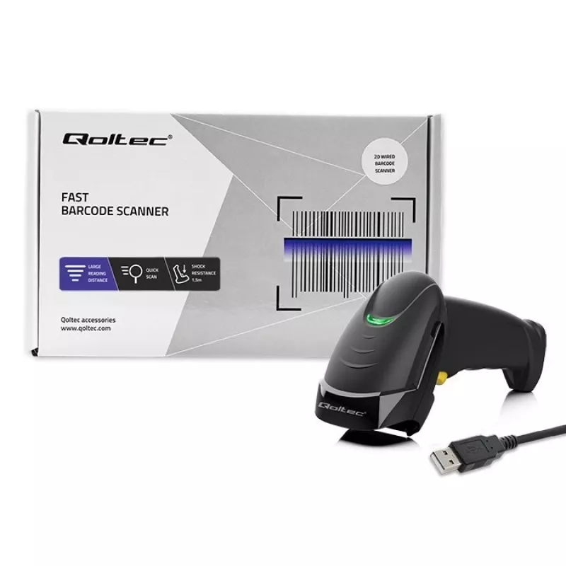 Qoltec 50853 lector láser de códigos de barras portátil 1D/2D, USB con cable, cable de 1,65 m, 97x65x167 mm, 105 g, negro