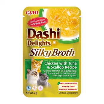 Snack húmedo para gatos INABA Dashi Delights – pollo con atún y vieira, sobre de 40 g, 93 % de humedad, 5,5 % de proteína