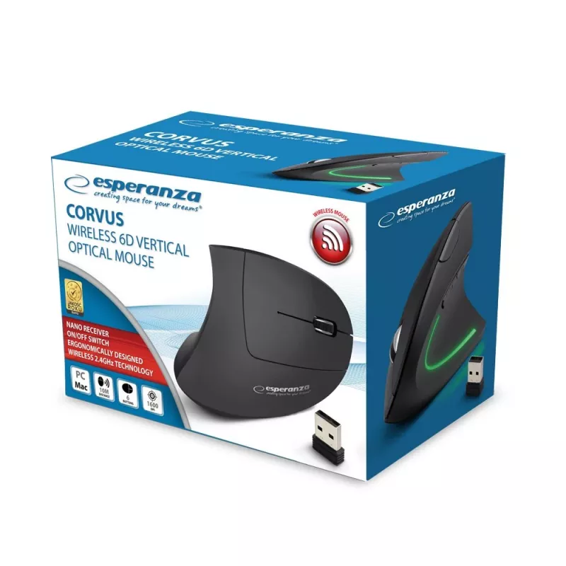 Esperanza EM133 Corvus ratón vertical inalámbrico, 2,4 GHz, 1600 DPI