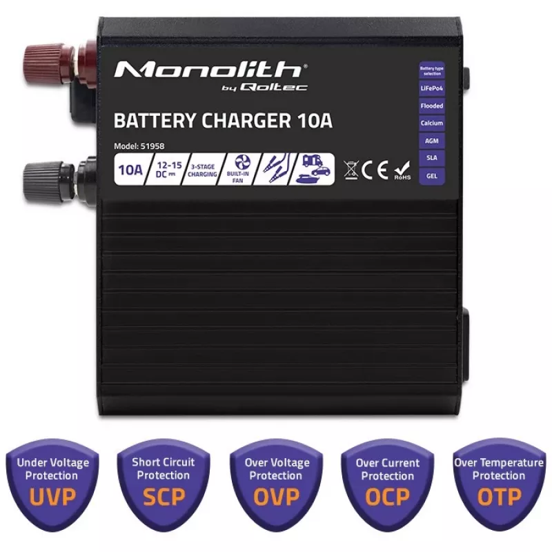Cargador de baterías Qoltec Smart Monolith para baterías LiFePO4 AGM GEL SLA | 10A | 12V