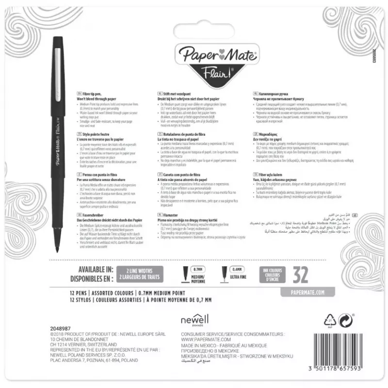 Rotulador de fieltro Medium Papermate Flair 12 uds.