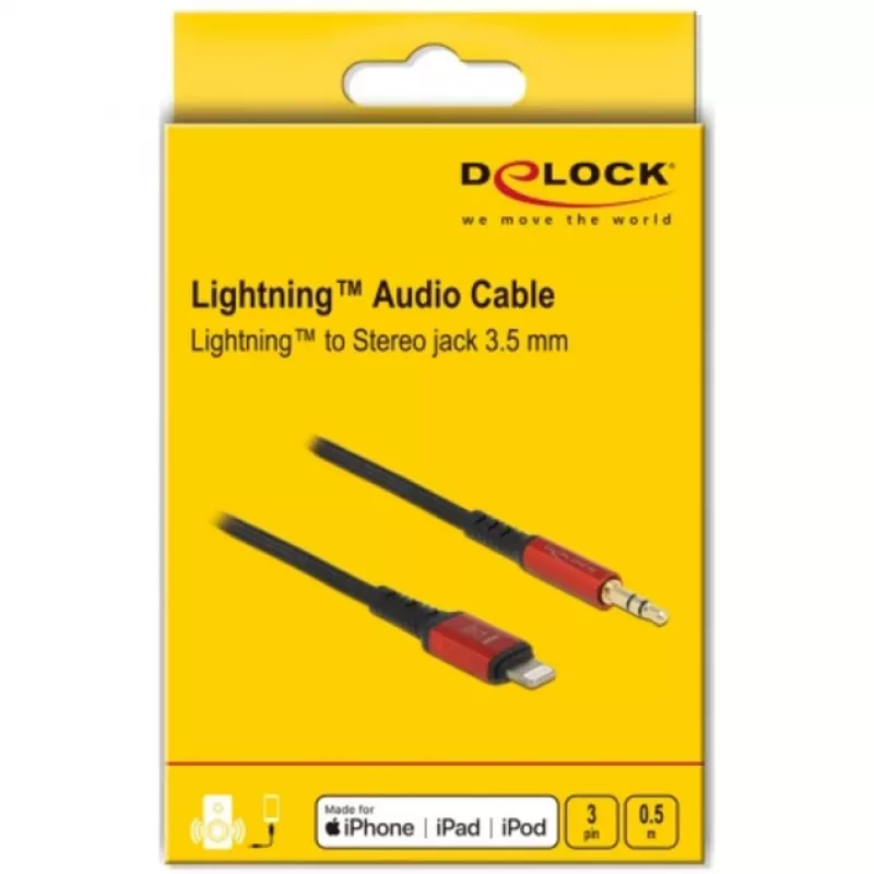 Delock - Cable Lightning a conector de auriculares - Lightning macho a mini-phone estéreo 3,5 mm macho - 50cm - Negro, Rojo (86586)