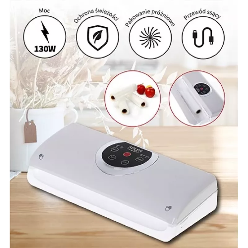 Envasadora al vacío Adler AD 4503, 130 W, vacío -750 a -800 mbar, conector Type-C, gris/blanco