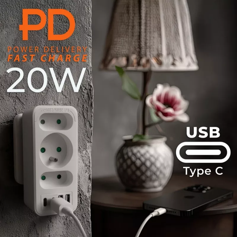 Regleta de enchufes MACLEAN MCE248 F/W — 3 tomas AC (1×16A, 2×6A) + 4×USB (2×A, 2×C PD 20W), conector EU, blanco