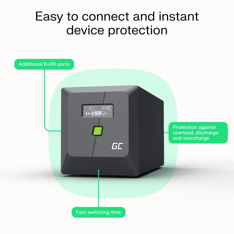 Sistema de alimentación ininterrumpida SAI Line-Interactive Green Cell 1,5 kVA / 1050 W, 5 salidas AC, onda sinusoidal pura, AVR, USB, torre, negro