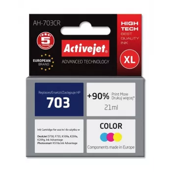 Cartucho de tinta ActiveJet AH-703CR compatible con HP, color (cian/magenta/amarillo), High (XL) 21 ml, a base de pigmento