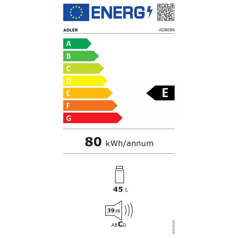 Adler Frigorífico | AD 8096 | Clase de eficiencia energética E | Libre instalación | Frigorífico de espacio completo | Altura 51 cm | Capacidad neta del compartimento de refrigeración 45 L | 39 dB | Blanco