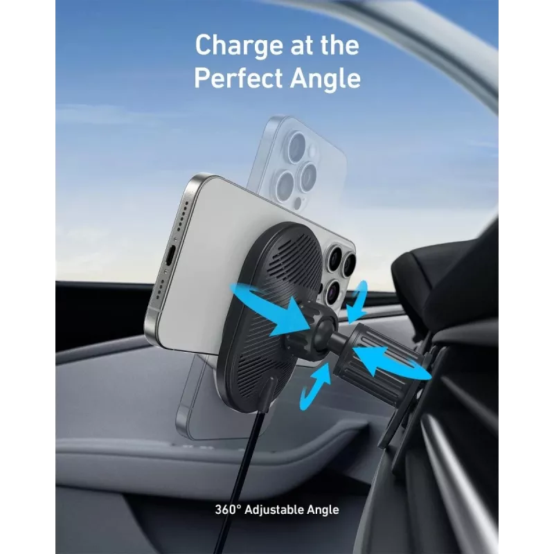 Cargador magnético inalámbrico para coche Anker MagGo 15W — Carga rápida magnética Qi de 15W para smartphones, Negro