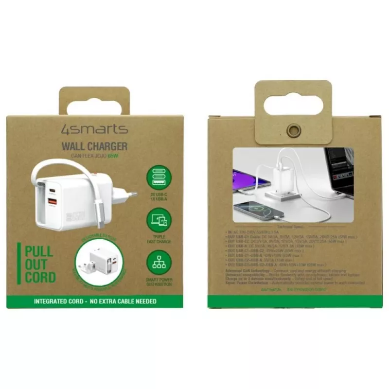 4smarts 541065 GaN Flex Jojo 65W cargador de pared, 2x USB-C PD + USB-A QC 3.0, cable USB-C retráctil, 100-240V, blanco