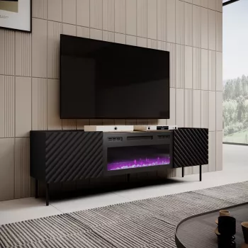 Mueble TV Cama Meble ONDA con chimenea eléctrica 1805×400×580 mm, negro, superficie de aglomerado (de pie o montado en pared)