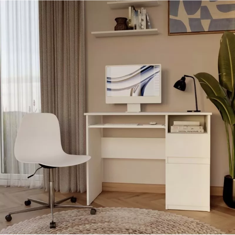 Escritorio top e shop PORTO derecho blanco, tablero rectangular de aglomerado 985×510×755 mm, 1 cajón, bandeja para teclado