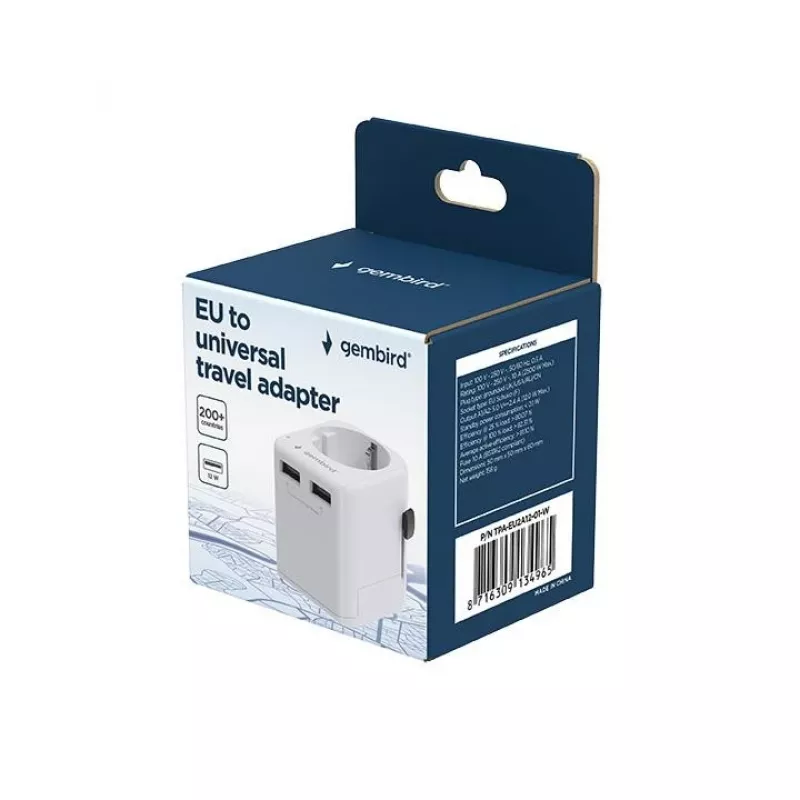 Adaptador de viaje universal GEMBIRD TPA-EU2A12-01-W 12W fuente de alimentación USB para tomas internacionales
