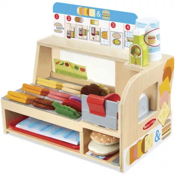 Melissa & Doug mostrador de sándwiches de madera con cortadora de fiambres – set de alimentos de juguete de 56 piezas – certificado FSC