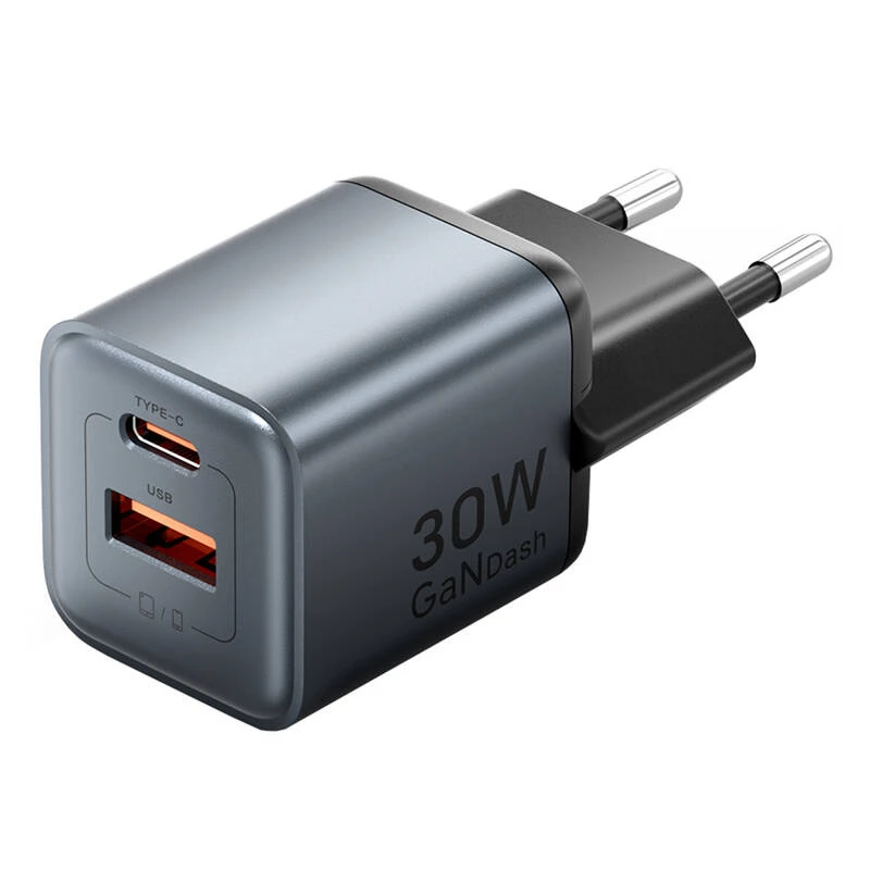 Cargador GaN Vention FEWH0-EU 30W — 1× USB-C, 1× USB-A, 30 W, negro