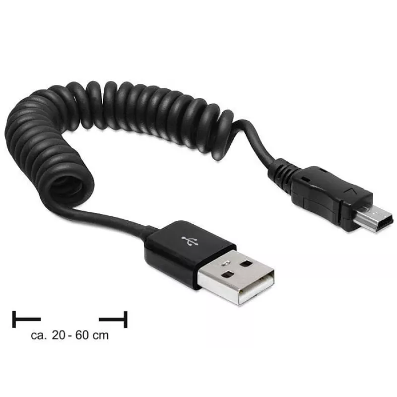 DeLOCK 83164 Cable en espiral USB 2.0, USB-A a Mini-USB B, 0,6 m, negro