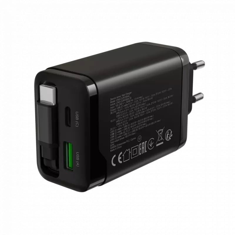 Cargador CANYON OnCharge 65RC con cable USB-C integrado, 65 W, 1x PD, 1x QC, conector EU, negro