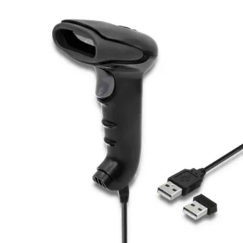 Lector de códigos de barras de mano QOLTEC 50868 — escáner láser 1D/2D, USB con cable e inalámbrico, distancia de trabajo 600 mm, negro