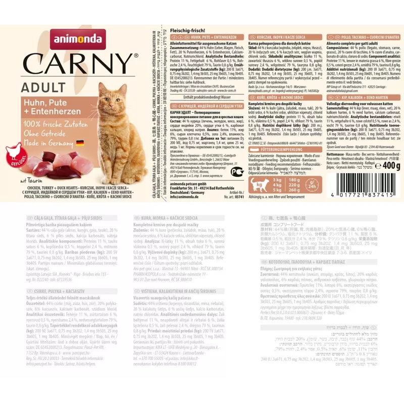 ANIMONDA Carny Adult Pollo, Pavo, Corazones de Pato - Comida húmeda para gatos - 400 g