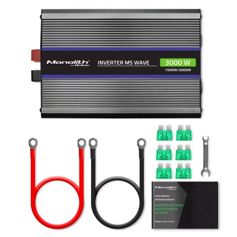 Inversor QOLTEC Monolith 3000 MS Wave, 12V→230V, 1500/3000W, con USB