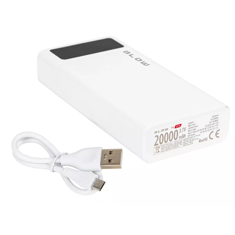 Batería externa portátil BLOW PB20E 20000mAh QC+PD 20W con USB-C, 2× USB-A, entrada Lightning, batería de polímero