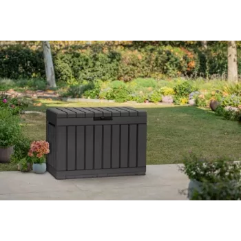 Caja de almacenamiento para exterior Keter Kentwood 190L — 190 litros, grafito, puerta abatible, 823×457×577 mm