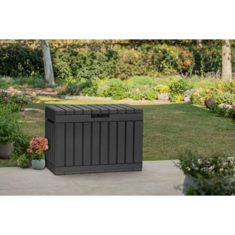 Caja de almacenamiento para exterior Keter Kentwood 190L — 190 litros, grafito, puerta abatible, 823×457×577 mm