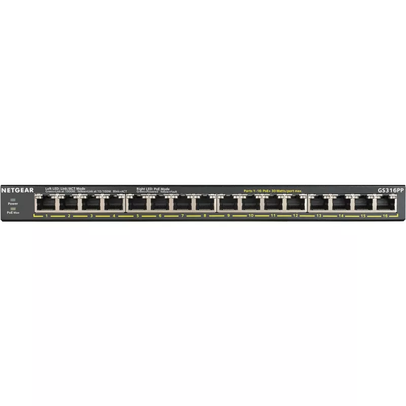 NETGEAR GS316PP Gigabit Ethernet no gestionado (10/100/1000) Power over Ethernet (PoE) Negro