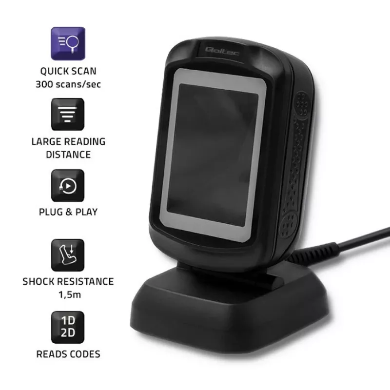 Lector de códigos de barras fijo 1D/2D QOLTEC 50864, sensor LED, USB (con cable), negro, 145×85×80 mm