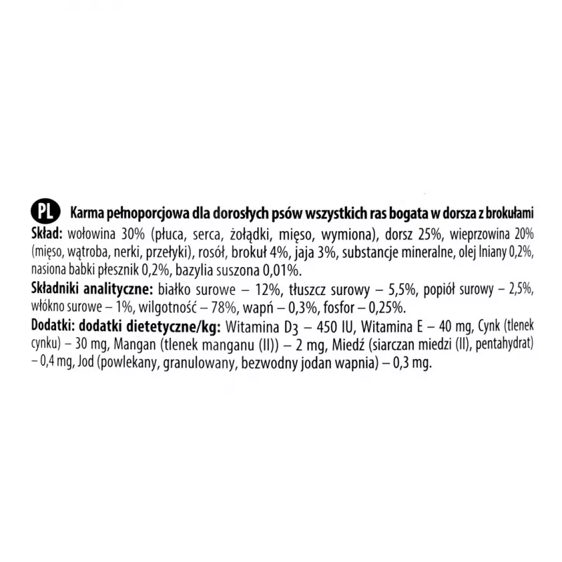 Comida húmeda para perros dolina noteci Premium — bacalao y brócoli, 800 g, perros adultos, sin cereales, sin gluten