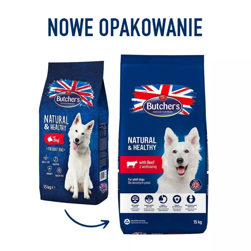 Pienso para perros Butcher's Natural & Healthy Adult Beef 15 kg — 20 % proteína, 7,5 % grasa, 3 % fibra