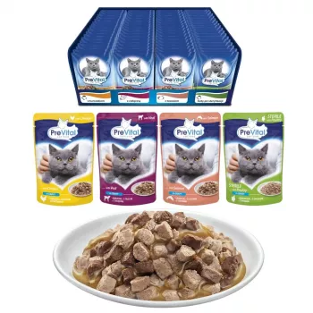 Comida húmeda para gatos PREVITAL Cat Food Mix 4 variedades — Pollo, ternera, salmón, aves, 96 x 100 g bolsas (9,6 kg, adult)