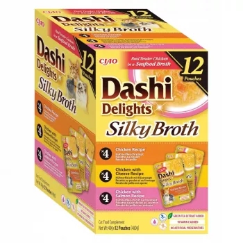 Comida húmeda para gatos INABA Dashi Delights Silky Broth mezcla de pollo y salmón, 12 x 40 g sobres, alimento completo para gatos adultos