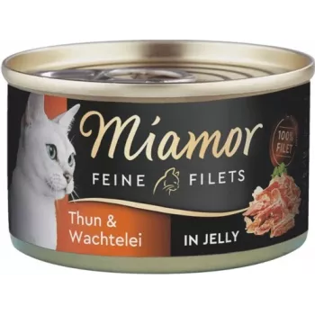 Comida húmeda para gatos Miamor Feine Filets 100 g — codorniz y atún, gatos adultos, lata de fácil apertura