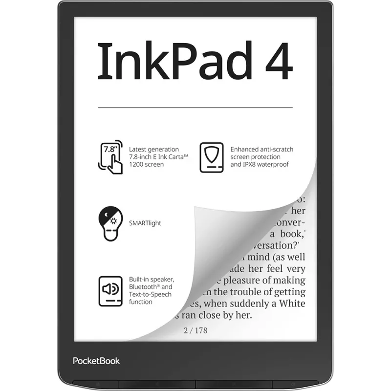 PocketBook InkPad 4 - 19,8 cm (7.8) - E Ink Carta - 1404 x 1872 Píxeles - ACSM - AZW - AZW3 - CBR - CBZ - CHM - DOC - DOCX - DjVu - EPUB - EPUB DRM - FB2 - FB2.ZIP - HTM - HTML - MOB