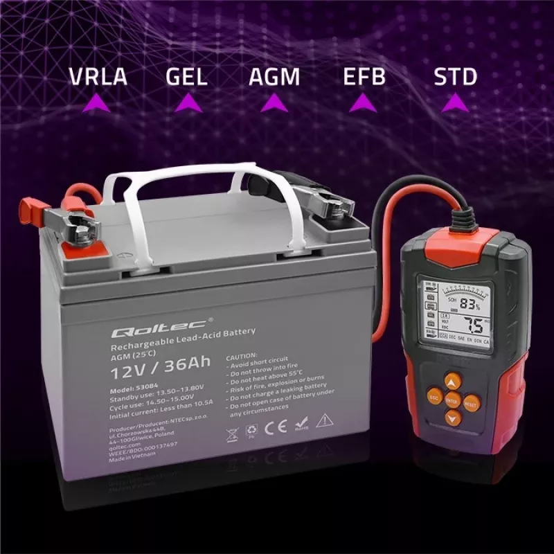 Qoltec 52484 Comprobador de baterías digital LCD | 12V | 24V | 3Ah-200Ah