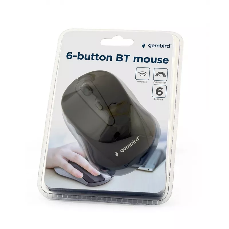 Ratón óptico inalámbrico Bluetooth GEMBIRD MUSWB2 — para diestros, 1600 DPI, 6 botones, negro/gris, pilas AAA