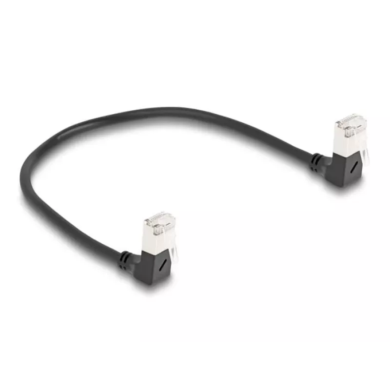Cable de red DeLOCK RJ45 Cat.6A S/FTP fino acodado 90° hacia abajo 0,25 m negro