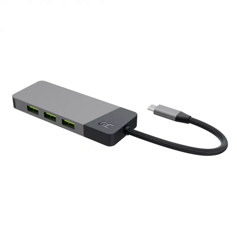 Hub USB Type-C Green Cell HUBGC01 — 7 conexiones: 3×USB‑A 3.2 Gen 1, 1×USB‑C 3.2 Gen 1, HDMI, lector de tarjetas microSD+SD — Plata