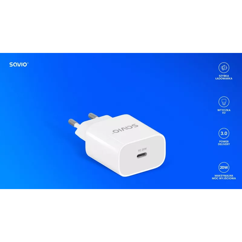 Cargador de pared 20W LA-09 USB-C QC, PD 3.0 Savio SAVLA-09