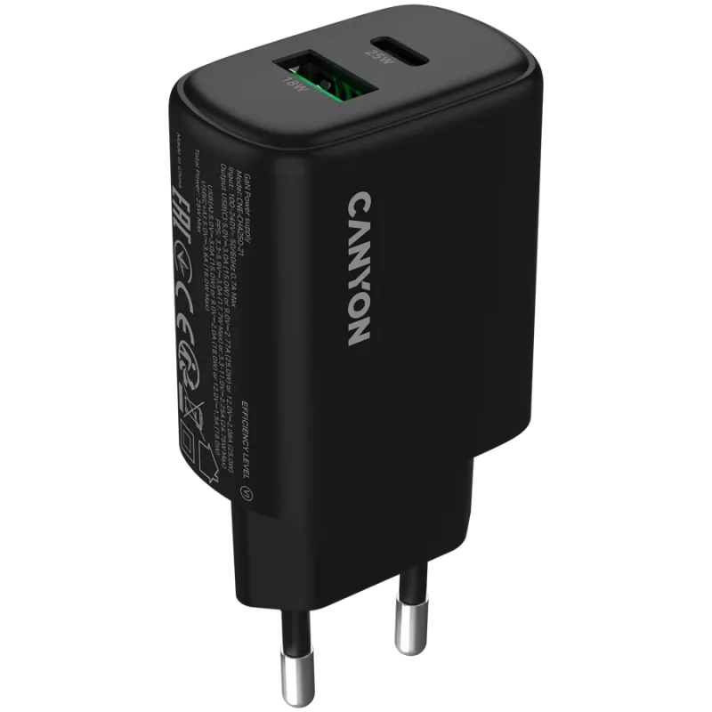 CANYON Cargador OnCharge 250 25W 1xPD 1xQC EU Negro