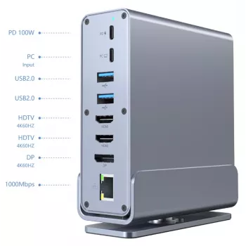 Adaptador multipuerto USB Type-C 15 en 1 Gembird A-CF-COMBO15-01 — USB 3.2 Gen 2, 4× Type-C, 2× HDMI, DisplayPort, PD 3.0, lector de tarjetas SD, Gigabit-LAN, audio de 3,5 mm, gris