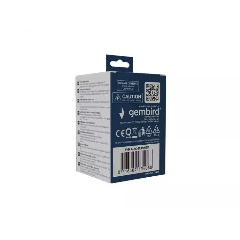 Adaptador de enchufe de viaje GEMBIRD A-AC-EUMINTF — universal a EU, 15A