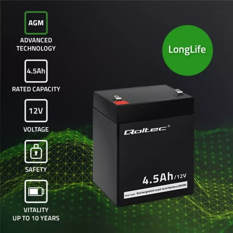 Qoltec 53033 batería AGM 12 V 4,5 Ah, máx. 1,35 A, sin mantenimiento