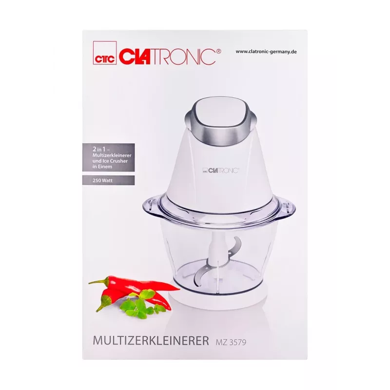 Picadora eléctrica CLATRONIC MZ 3579 — 250 W, 1 L, cuchillas de acero inoxidable, trituradora de hielo, blanca