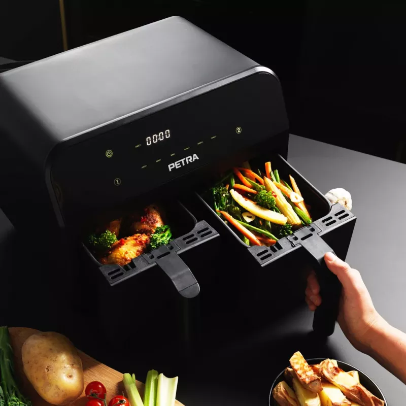 Freidora de aire Petra PT4750BLKVDEEU7, doble cámara, capacidad 3,7 L, negra