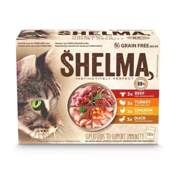 SHELMA con pavo, pato, pollo y ternera en salsa - comida húmeda para gatos - 12x85g