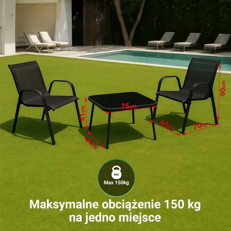 Conjunto de jardín Extralink Black Forest, textileno dos sillas + mesa negra