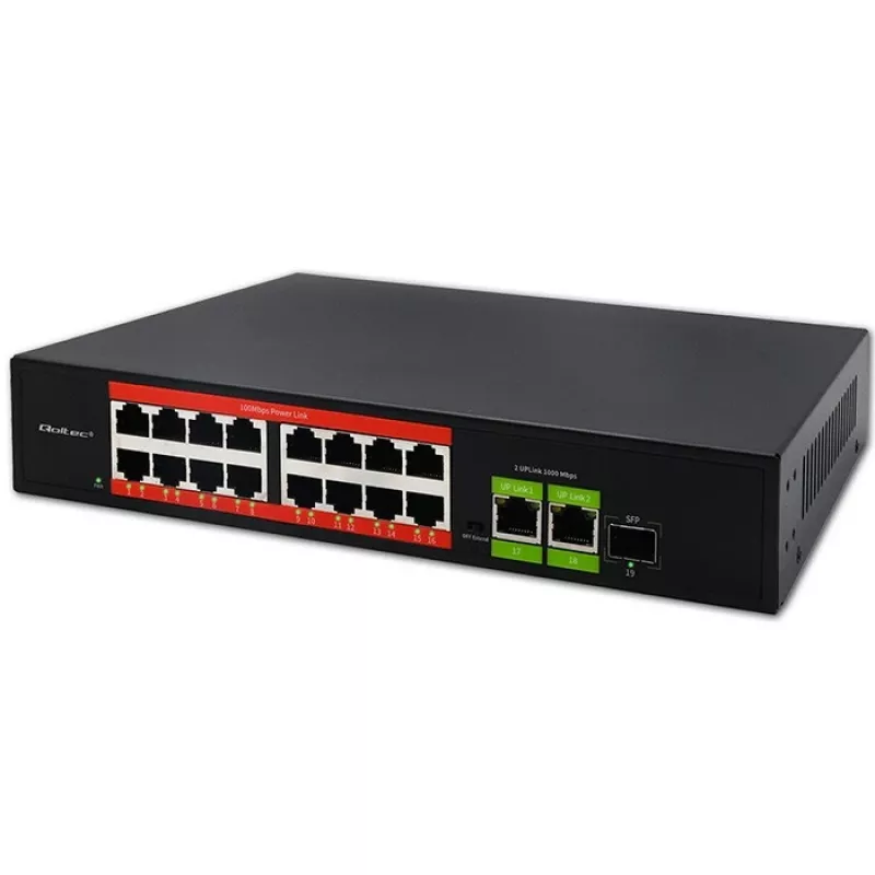 Switch Ethernet PoE QOLTEC 16x RJ45, 2x RJ45 uplink, 1x SFP (MPN 52291)