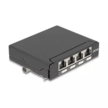 Patch panel DELOCK mini sobremesa RJ45 4 puertos Cat.6A apantallado negro, metal, 90×22×93 mm