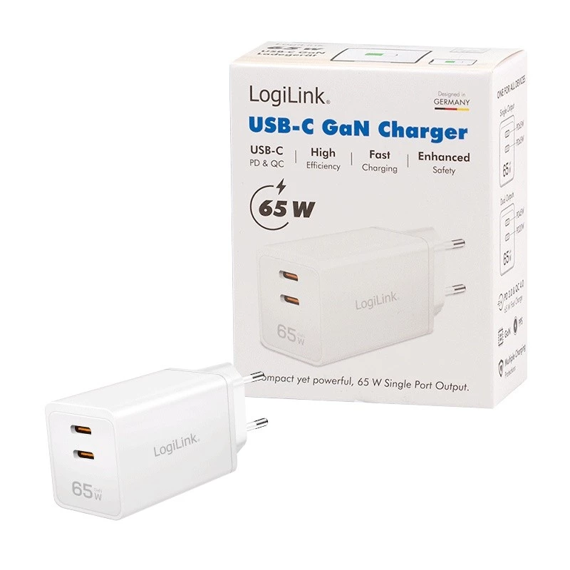 Adaptador de toma USB doble 65W, 2xUSB-C, blanco